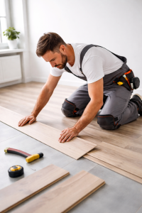 Επαγγελματίας τεχνίτης τοποθετεί laminate δάπεδο σε μοντέρνο σαλόνι, με εργαλεία τοποθέτησης.