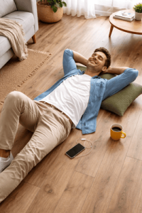 Άνδρας ξαπλωμένος χαλαρά σε ανακαινισμένο δάπεδο laminate και βινυλικά, από τη Jerotech