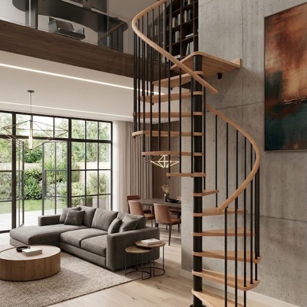Spiral-Wood_stair beech_black room